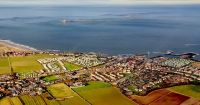 Aerial view of seahouses and